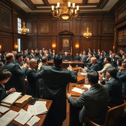 A dramatic courtroom scene showcasing a legal battle in session, with a diverse group of lawyers passionately arguing their cases, an attentive judge in a robe presiding over the proceedings, and a jury box filled with engaged jurors