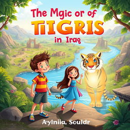 An imaginative book cover for a children's fantasy novel titled 'The Magic of Tigris in Iraq'