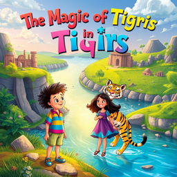 An imaginative book cover for a children's fantasy novel titled 'The Magic of Tigris in Iraq'