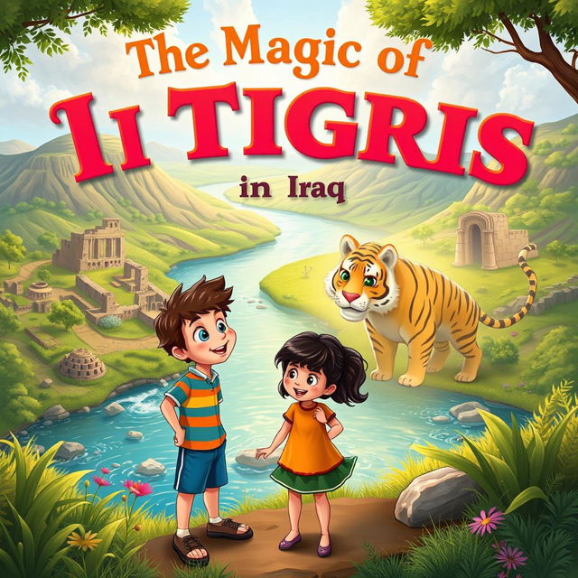 An imaginative book cover for a children's fantasy novel titled 'The Magic of Tigris in Iraq'