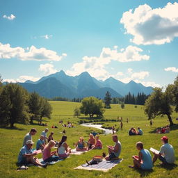 A serene landscape featuring a lush green meadow under a bright blue sky, dotted with fluffy white clouds