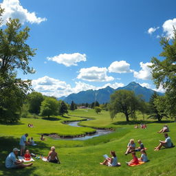 A serene landscape featuring a lush green meadow under a bright blue sky, dotted with fluffy white clouds