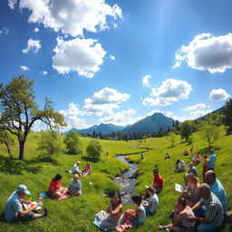A serene landscape featuring a lush green meadow under a bright blue sky, dotted with fluffy white clouds