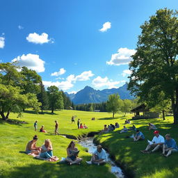A serene landscape featuring a lush green meadow under a bright blue sky, dotted with fluffy white clouds