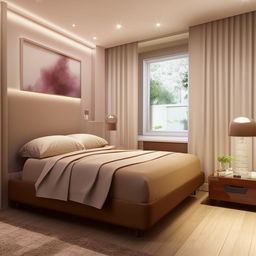 3D view of a stylish and modern bedroom interior designed for a room measuring 10ft x 10ft, incorporating comfortable furniture, intriguing color scheme and efficient use of space.