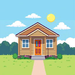 A pixel art style depiction of a very ordinary house, featuring a classic design with a gabled roof, front porch, and a colorful door