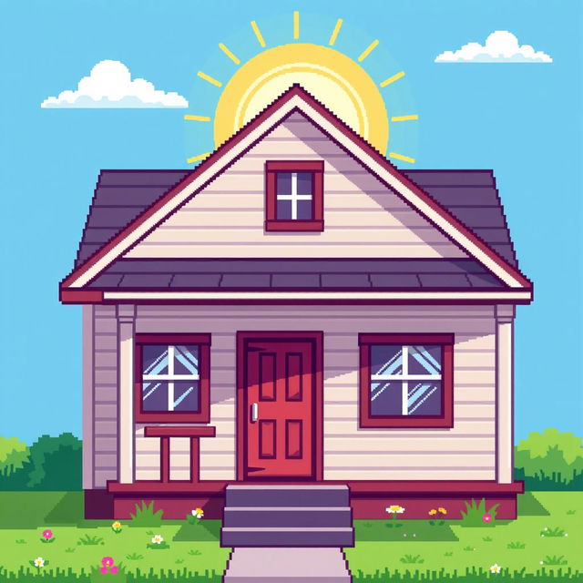 A pixel art style depiction of a very ordinary house, featuring a classic design with a gabled roof, front porch, and a colorful door