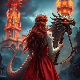 A fantastical princess with striking red hair seen from behind, standing beside a majestic dragon