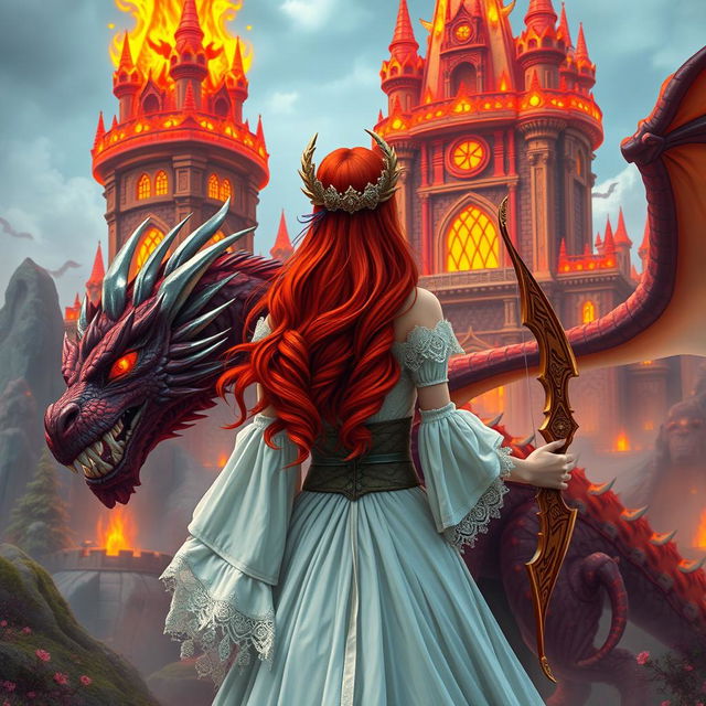 A fantastical princess with striking red hair seen from behind, standing beside a majestic dragon