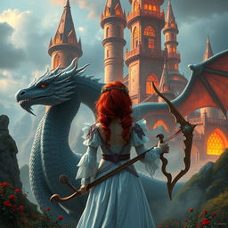 A fantastical princess with striking red hair seen from behind, standing beside a majestic dragon