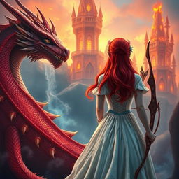A fantastical princess with striking red hair seen from behind, standing beside a majestic dragon