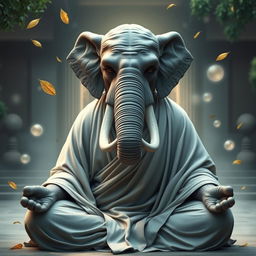 A serene and powerful Loxodon monk, depicted in a meditative pose, showcasing the majestic elephantine features of the Loxodon race