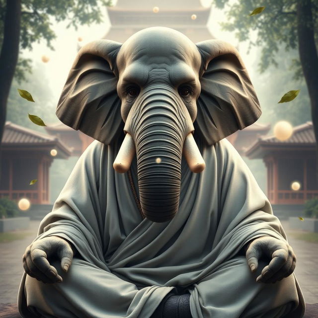 A serene and powerful Loxodon monk, depicted in a meditative pose, showcasing the majestic elephantine features of the Loxodon race