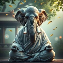 A serene and powerful Loxodon monk, depicted in a meditative pose, showcasing the majestic elephantine features of the Loxodon race