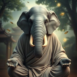 A serene and powerful Loxodon monk, depicted in a meditative pose, showcasing the majestic elephantine features of the Loxodon race