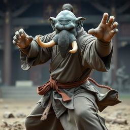 A powerful Loxodon monk in a dynamic combat pose, showcasing grace and strength