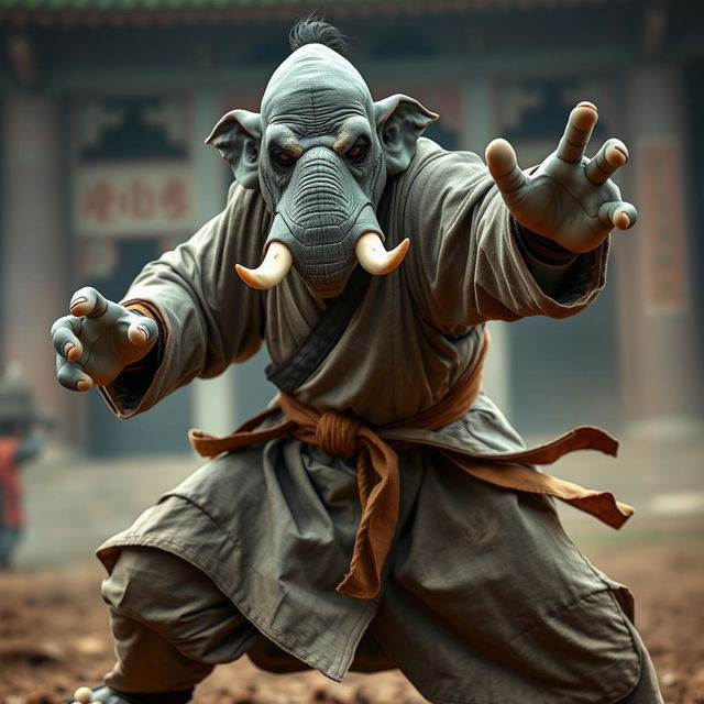 A powerful Loxodon monk in a dynamic combat pose, showcasing grace and strength