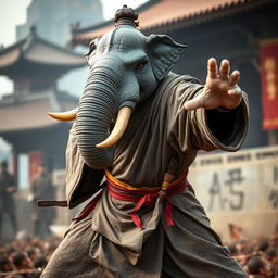 A powerful Loxodon monk in a dynamic combat pose, showcasing grace and strength
