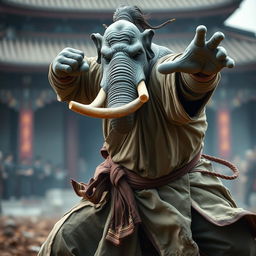 A powerful Loxodon monk in a dynamic combat pose, showcasing grace and strength