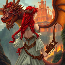 A fantastical princess with vibrant red hair seen from behind, standing gracefully next to a magnificent dragon