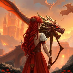 A fantastical princess with vibrant red hair seen from behind, standing gracefully next to a magnificent dragon