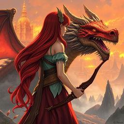 A fantastical princess with vibrant red hair seen from behind, standing gracefully next to a magnificent dragon