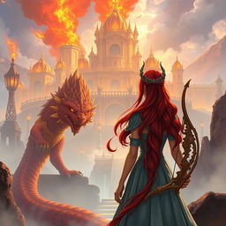 A fantastical princess with vibrant red hair seen from behind, standing gracefully next to a magnificent dragon