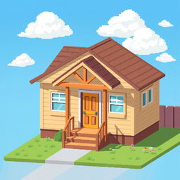 An isometric pixel art style illustration of a very ordinary house, featuring a classic design with a gabled roof, a welcoming front porch, and a colorful door