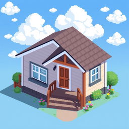 An isometric pixel art style illustration of a very ordinary house, featuring a classic design with a gabled roof, a welcoming front porch, and a colorful door