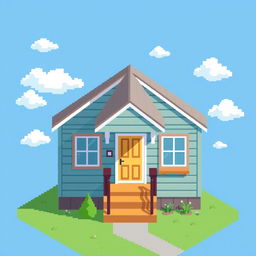 An isometric pixel art style illustration of a very ordinary house, featuring a classic design with a gabled roof, a welcoming front porch, and a colorful door