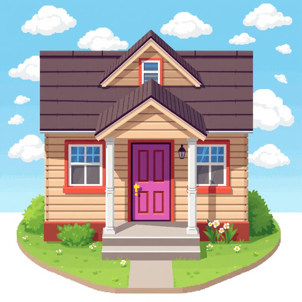 An isometric pixel art style illustration of a very ordinary house, featuring a classic design with a gabled roof, a welcoming front porch, and a colorful door