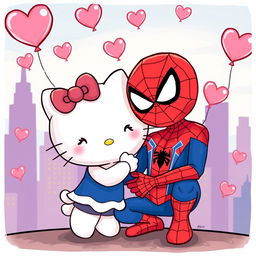A whimsical and charming illustration featuring Hello Kitty and Spider-Man in a romantic setting