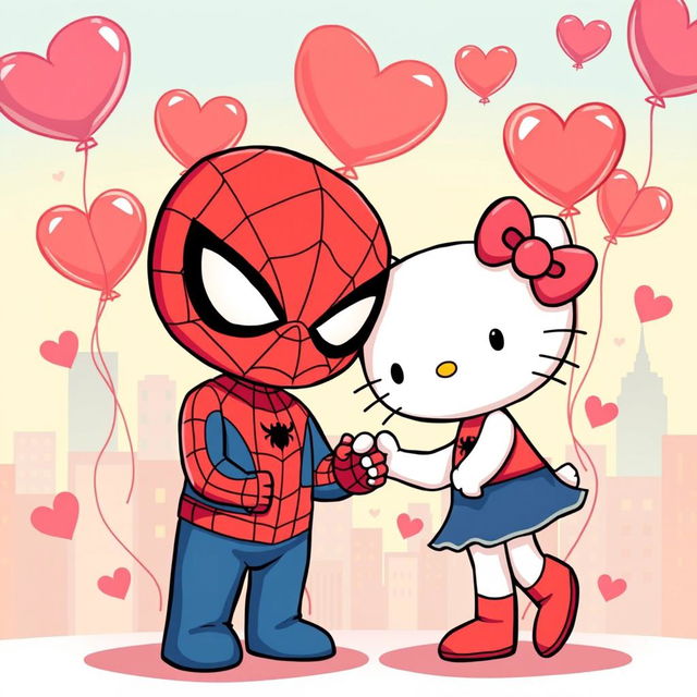 A whimsical and charming illustration featuring Hello Kitty and Spider-Man in a romantic setting