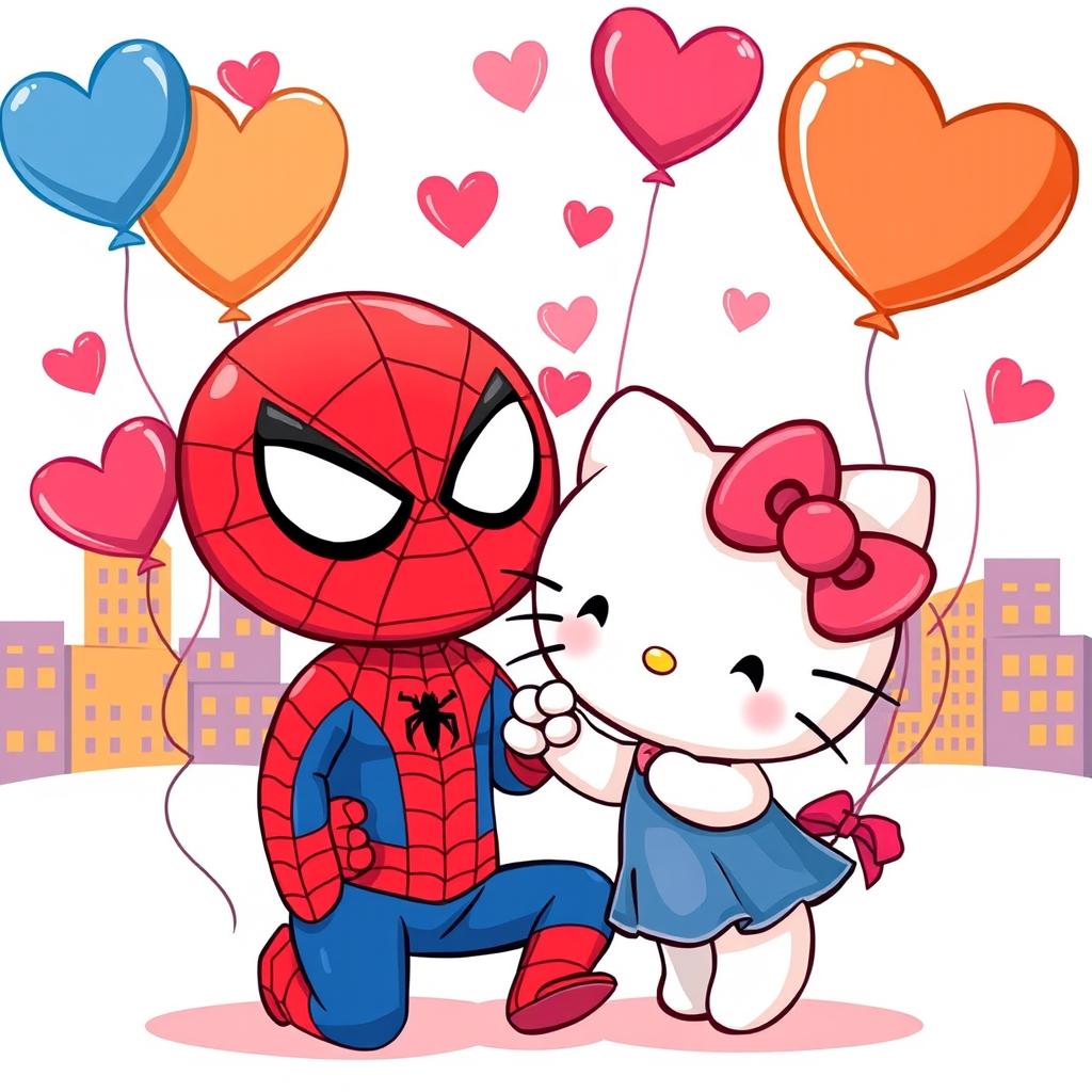 A whimsical and charming illustration featuring Hello Kitty and Spider-Man in a romantic setting