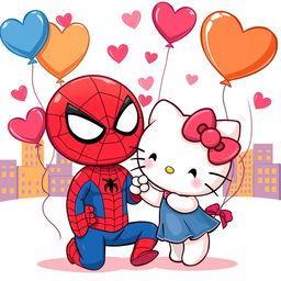 A whimsical and charming illustration featuring Hello Kitty and Spider-Man in a romantic setting