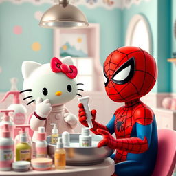 A whimsical scene featuring Hello Kitty, characterized by her iconic cute style with her signature bow, happily engaging in a playful skincare routine alongside Spiderman