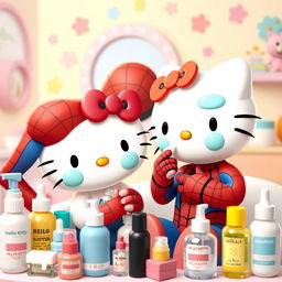 A whimsical scene featuring Hello Kitty, characterized by her iconic cute style with her signature bow, happily engaging in a playful skincare routine alongside Spiderman