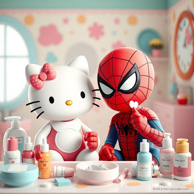 A whimsical scene featuring Hello Kitty, characterized by her iconic cute style with her signature bow, happily engaging in a playful skincare routine alongside Spiderman