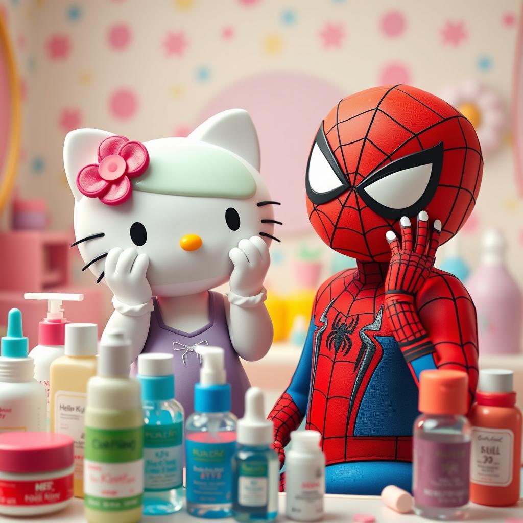 A whimsical scene featuring Hello Kitty, characterized by her iconic cute style with her signature bow, happily engaging in a playful skincare routine alongside Spiderman