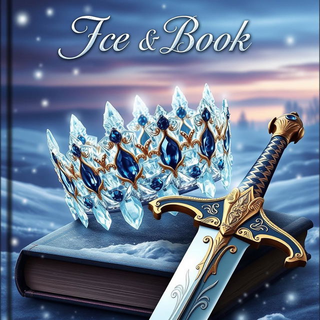 An enchanting book cover featuring a dazzling ice crown intricately crafted with shimmering icicles and adorned with deep blue sapphires, and a majestic sword with a gleaming blade resting beside it