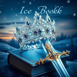 An enchanting book cover featuring a dazzling ice crown intricately crafted with shimmering icicles and adorned with deep blue sapphires, and a majestic sword with a gleaming blade resting beside it