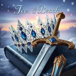 An enchanting book cover featuring a dazzling ice crown intricately crafted with shimmering icicles and adorned with deep blue sapphires, and a majestic sword with a gleaming blade resting beside it