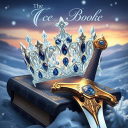An enchanting book cover featuring a dazzling ice crown intricately crafted with shimmering icicles and adorned with deep blue sapphires, and a majestic sword with a gleaming blade resting beside it