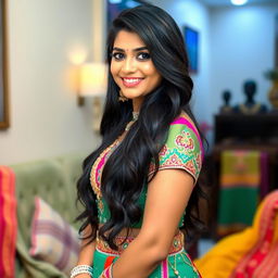 A beautiful Indian woman in traditional attire, featuring vibrant colors and intricate patterns