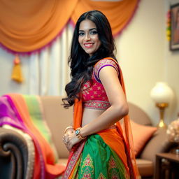 A beautiful Indian woman in traditional attire, featuring vibrant colors and intricate patterns