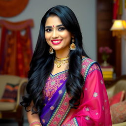 A beautiful Indian woman in traditional attire, featuring vibrant colors and intricate patterns