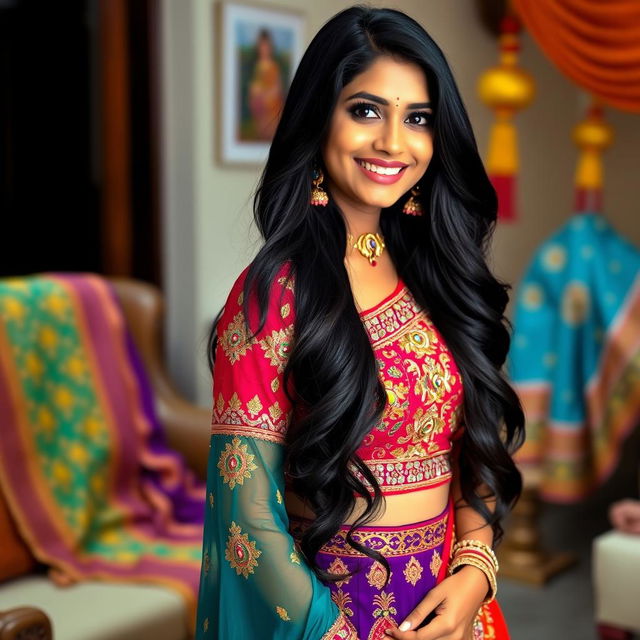 A beautiful Indian woman in traditional attire, featuring vibrant colors and intricate patterns