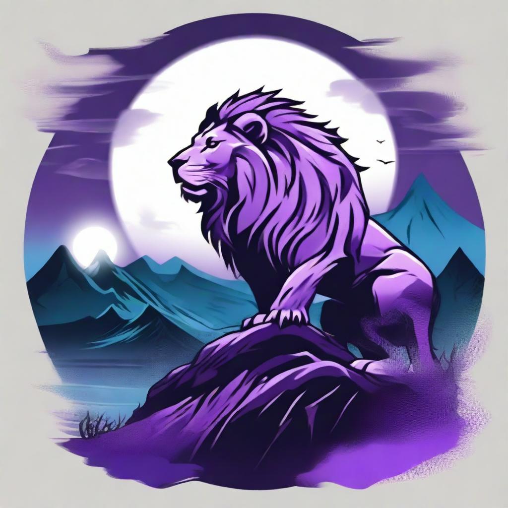 Generate a 2D image of a roaring lion in tattoo style, perched on a cliff, with a backdrop of a stormy purple night sky, a full moon, gusts of wind, black crows, blue fire, fog, and a waterfall