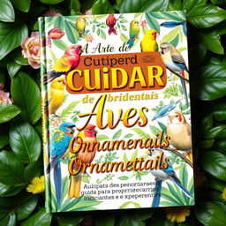 A beautifully designed book cover for 'A Arte de Cuidar de Aves Ornamentais: Guia para Proprietários Iniciantes e Experientes'