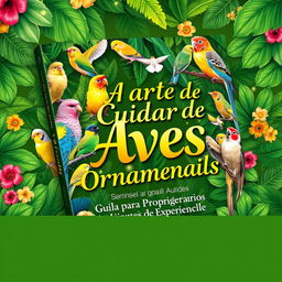 A beautifully designed book cover for 'A Arte de Cuidar de Aves Ornamentais: Guia para Proprietários Iniciantes e Experientes'